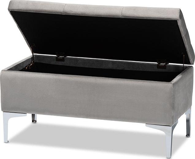 Wholesale Interiors Ottomans & Stools - Mabel Modern Transitional Grey Velvet Fabric Upholstered Silver Finished Storage Ottoman