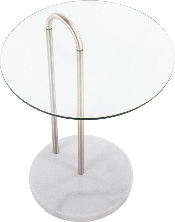 Lumisource Side & End Tables - Claire Contemporary/Glam Side Table In White Marble & Brushed Nickel With Clear Glass Top
