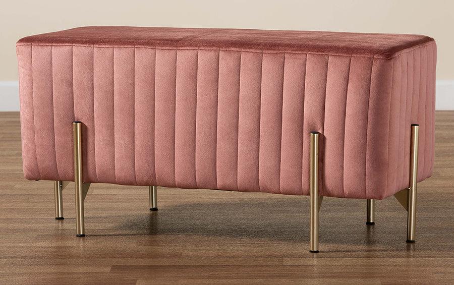 Wholesale Interiors Benches - Helaine Contemporary Glam and Luxe Blush Pink Fabric and Gold Metal Bench Ottoman