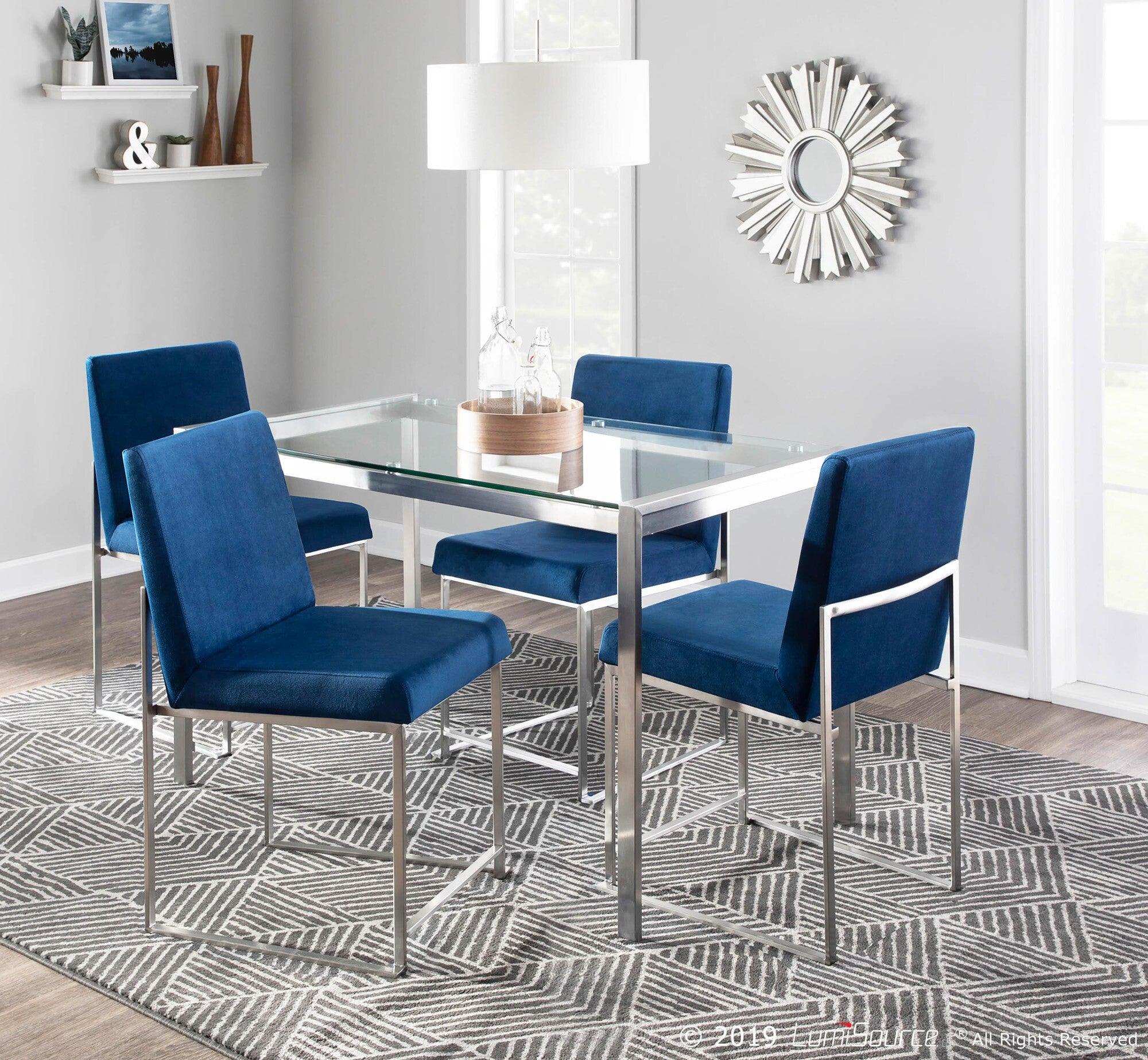 Lumisource Dining Chairs - High Back Fuji Contemporary Dining Chair in Stainless Steel and Blue Velvet (Set of 2)