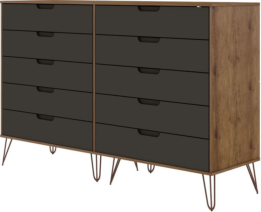 Manhattan Comfort Dressers - Rockefeller 10-Drawer Double Tall Dresser with Metal Legs in Nature & Textured Gray