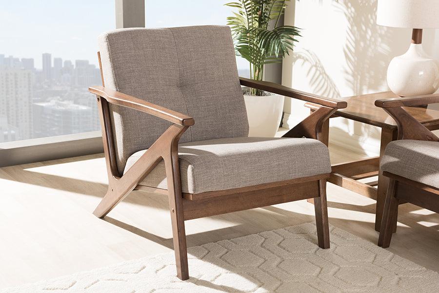 Wholesale Interiors Accent Chairs - Bianca Mid-Century Modern Walnut Wood Light Grey Fabric Tufted Lounge Chair