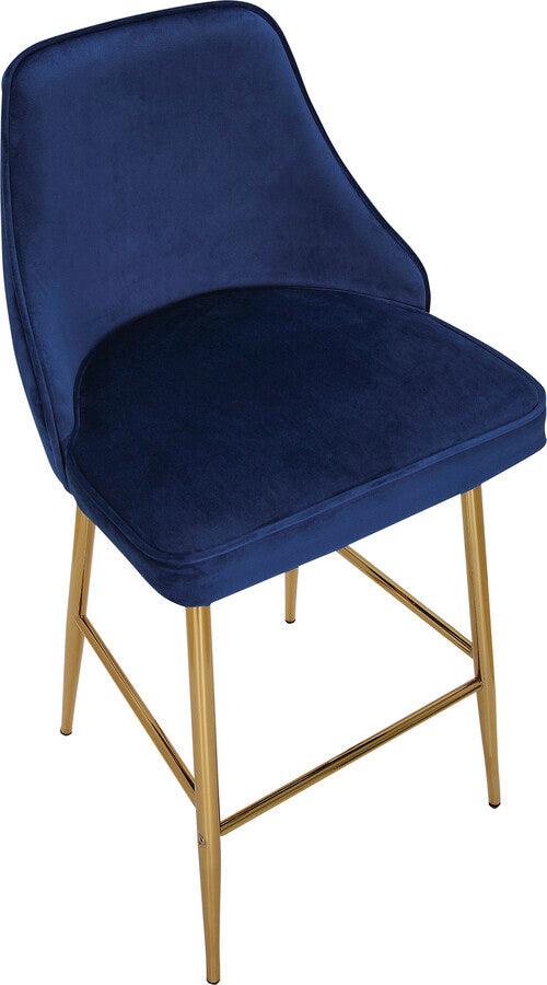 Lumisource Barstools - Marcel Contemporary/Glam Counter Stool in Gold Metal and Blue Velvet - Set of 2