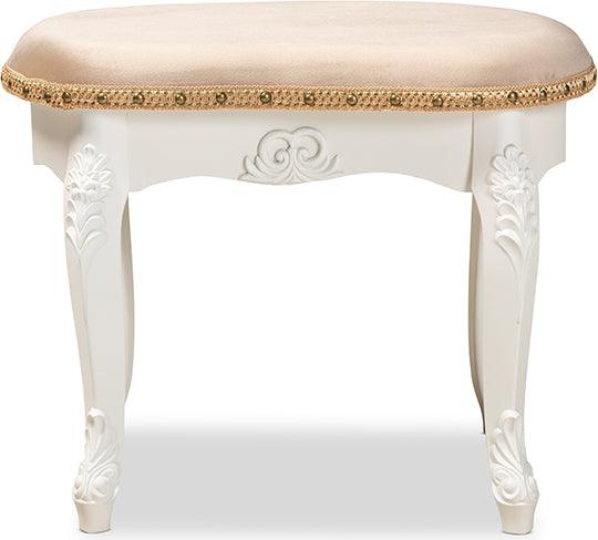 Wholesale Interiors Ottomans & Stools - Gabrielle French Provincial Sand Velvet Fabric Upholstered White-Finished Wood Vanity Ottoman