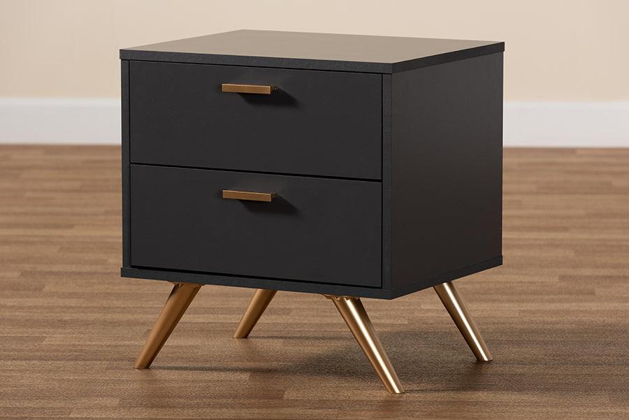 Wholesale Interiors Nightstands & Side Tables - Kelson Dark Grey and Gold Finished Wood 2-Drawer Nightstand