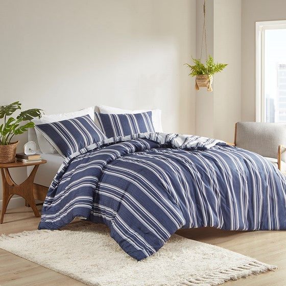 Olliix.com Comforters & Blankets - Striped Reversible Comforter Set Navy Cal King