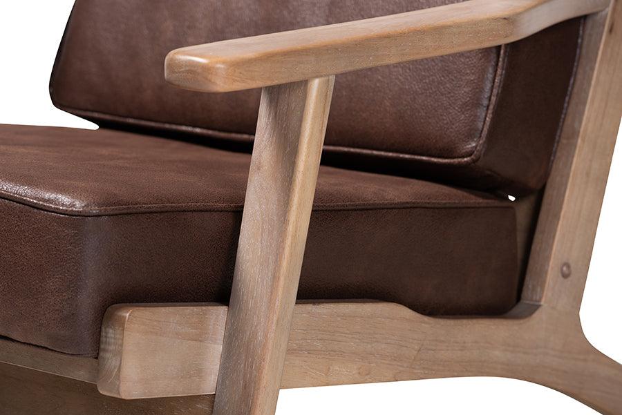 Wholesale Interiors Accent Chairs - Sigrid Dark Brown Faux Leather Effect Fabric Upholstered Antique Oak Finished Wood Armchair