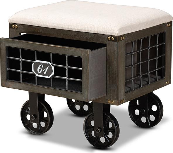 Wholesale Interiors Ottomans & Stools - Harley Transitional Beige Fabric and Black Metal 1-Drawer Wheeled Storage Ottoman