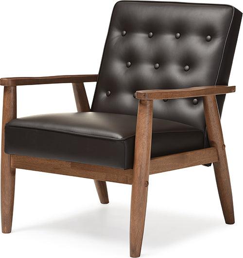 Wholesale Interiors Accent Chairs - Sorrento Mid-Century Retro Modern Brown Faux Leather Upholstered Wooden Lounge Chair