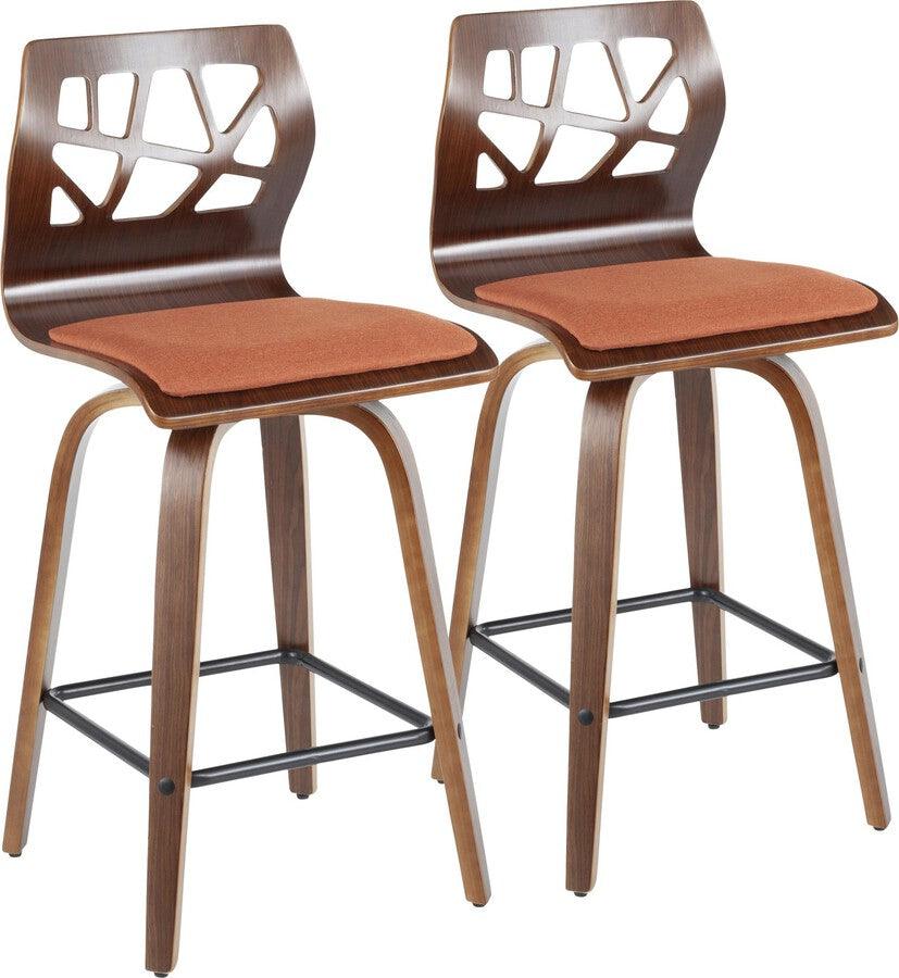 Lumisource Barstools - Folia Mid-Century Modern Counter Stool in Walnut Wood and Orange Fabric - Set of 2