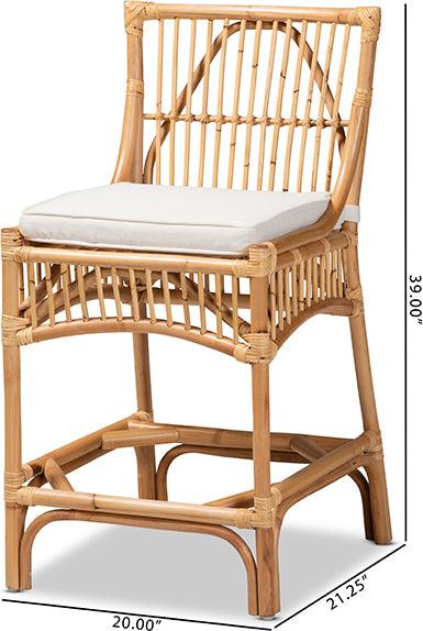 Wholesale Interiors Barstools - Rose Modern Bohemian White Fabric Upholstered and Natural Brown Rattan Counter Stool