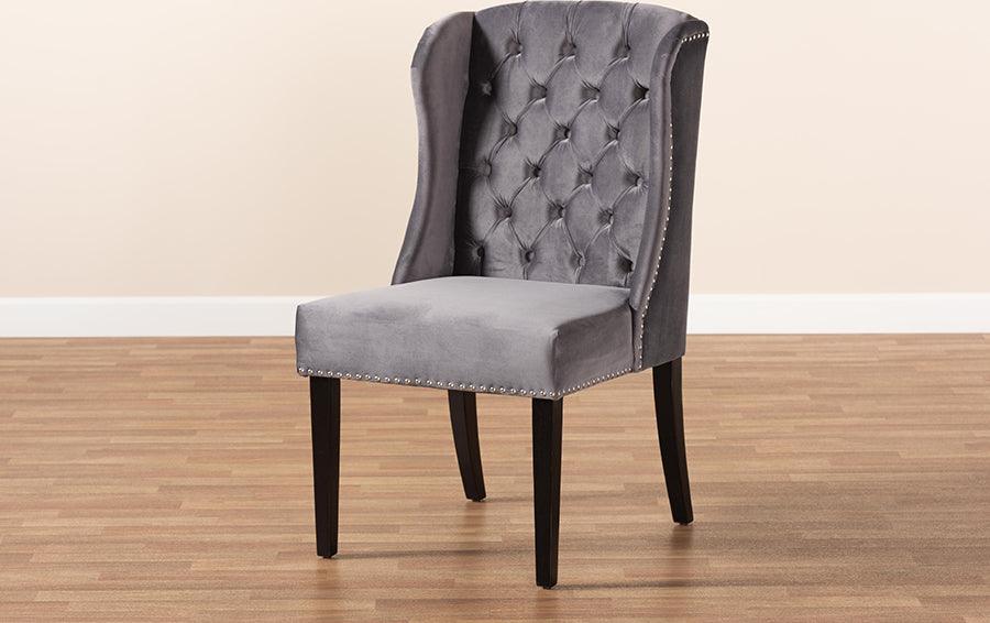 Wholesale Interiors Dining Chairs - Lamont Grey Velvet Fabric Upholstered and Dark Brown Finished Wood Wingback Dining Chair