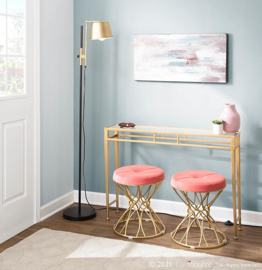 Lumisource Bedroom Vanity - Jasmine Contemporary Vanity Stool in Gold Metal and Pink Velvet