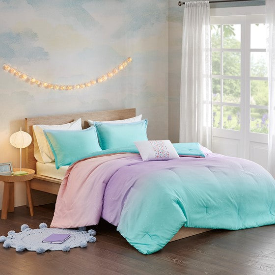 Olliix.com Comforters & Blankets - Metallic Glitter Printed Reversible Comforter Set Aqua Twin XL