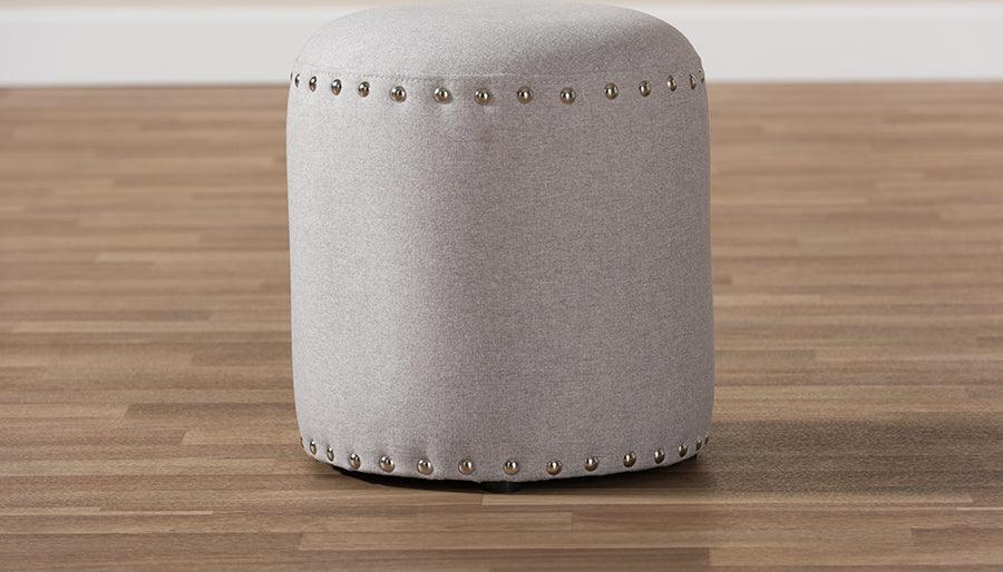 Wholesale Interiors Ottomans & Stools - Rosine Modern And Contemporary Light Grey Fabric Upholstered Nail Trim Ottoman