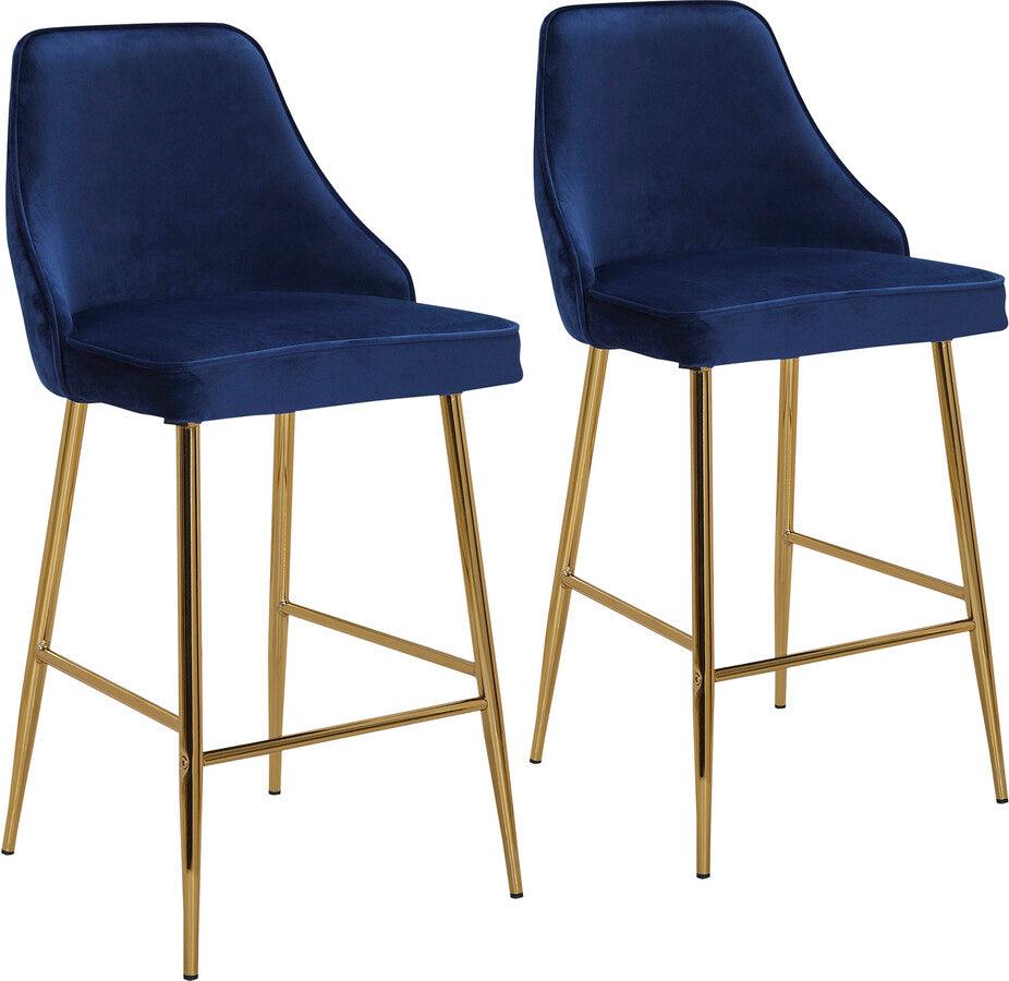 Lumisource Barstools - Marcel Contemporary/Glam Counter Stool in Gold Metal and Blue Velvet - Set of 2