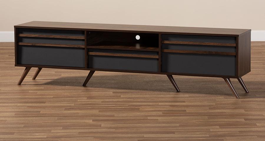 Wholesale Interiors TV & Media Units - Naoki Two-Tone Grey and Walnut Finished Wood TV Stand with Drop-Down Compartments