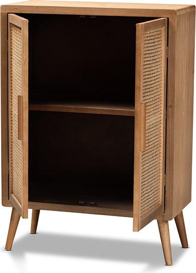 Wholesale Interiors Buffets & Cabinets - Alina Mid-Century Modern Medium Oak Finished Wood and Rattan 2-Door Accent Storage Cabinet