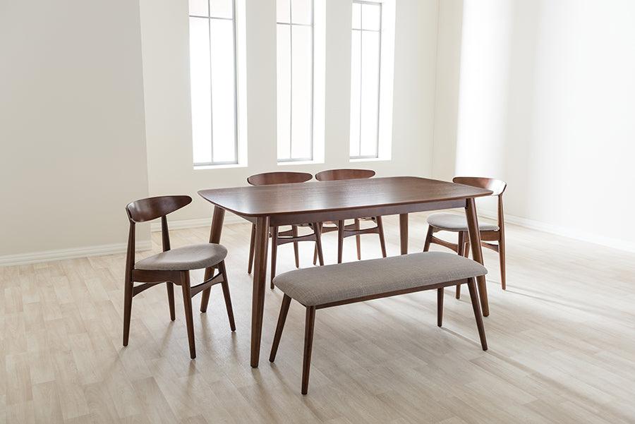 Wholesale Interiors Dining Sets - Flora Mid-Century Modern Grey Fabric and Brown Finishing Wood 6-Piece Dining Set