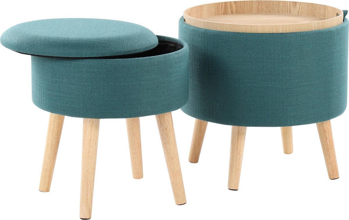Lumisource Ottomans & Stools - Tray Contemporary Storage Ottoman With Matching Stool In Teal Fabric & Natural Wood Legs
