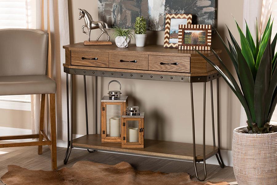 Wholesale Interiors Consoles - Kellyn Oak Brown Wood & Black Finished Metal 3-Drawer Console Table?
