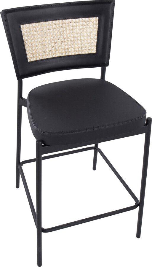 Lumisource Barstools - Rattan Tania Counter Stool In Black Metal, Black Faux Leather, & Rattan Back (Set of 2)