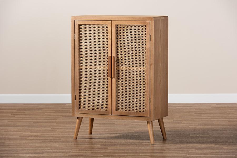 Wholesale Interiors Buffets & Cabinets - Alina Mid-Century Modern Medium Oak Finished Wood and Rattan 2-Door Accent Storage Cabinet