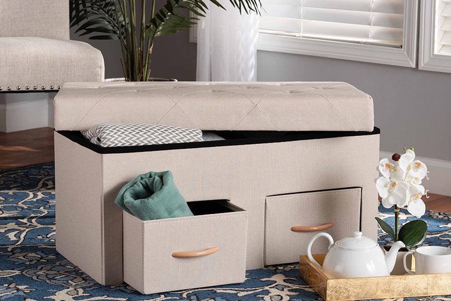 Wholesale Interiors Ottomans & Stools - Gerwin Modern Beige Fabric and Brown Wood 2-Drawer Storage Ottoman