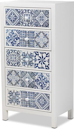 Wholesale Interiors Buffets & Cabinets - Alma Spanish Inspired White Wood and Blue Floral Tile Style 5-Drawer Accent Storage Cabinet