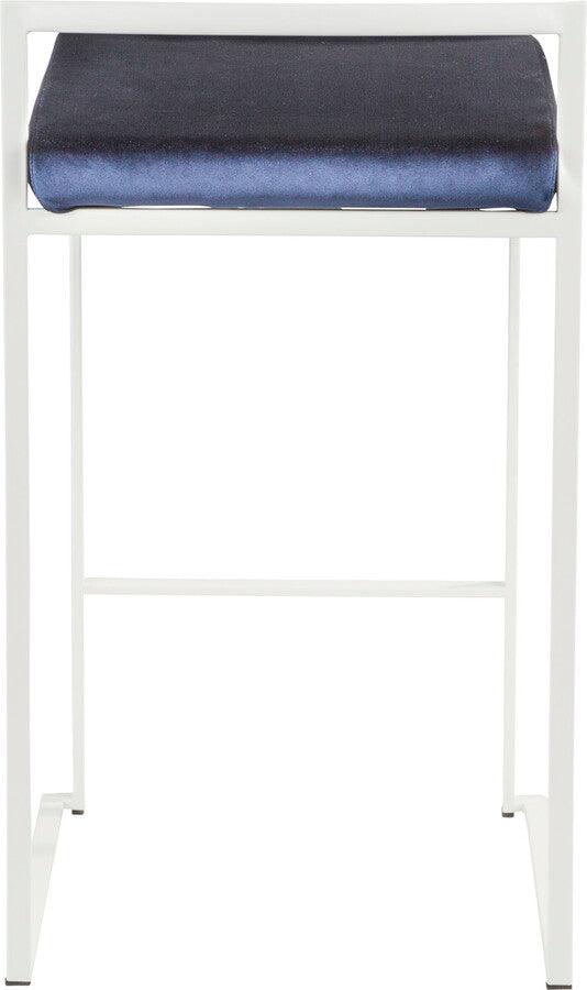 Lumisource Barstools - Fuji Contemporary Stackable Counter Stool in White with Blue Velvet Cushion - Set of 2