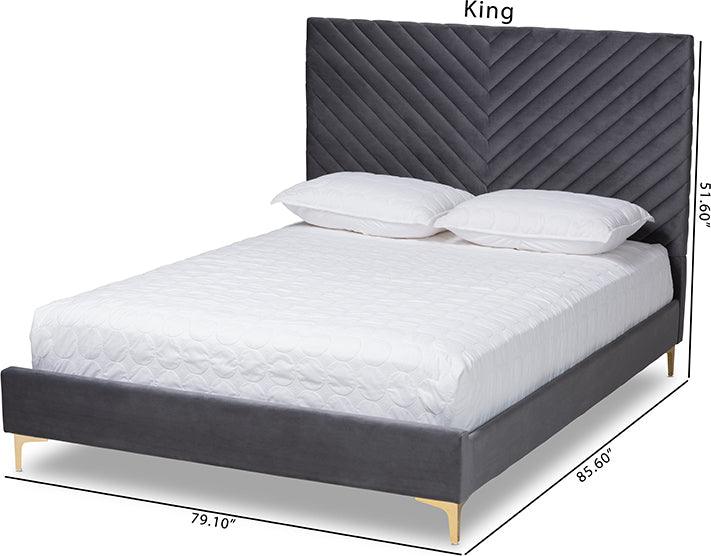 Wholesale Interiors Beds - Fabrico Glam and Luxe Grey Velvet Fabric Upholstered and Gold Metal Queen Size Platform Bed