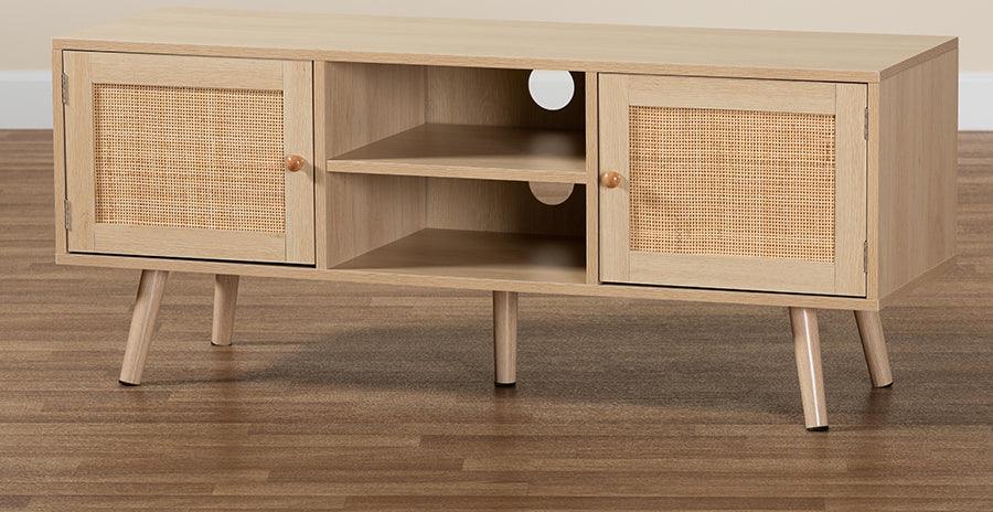 Wholesale Interiors TV & Media Units - Sebille Mid-Century Modern Light Brown Wood 2-Door TV Stand with Natural Rattan
