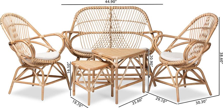 Wholesale Interiors Living Room Sets - Jayden White Fabric Upholstered and Natural Brown Finished Rattan 5-Piece Living Room Set