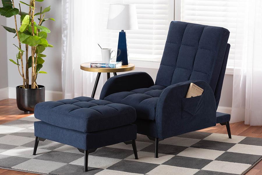 Wholesale Interiors Living Room Sets - Belden Modern Blue Velvet and Black Metal 2-Piece Recliner Chair and Ottoman Set