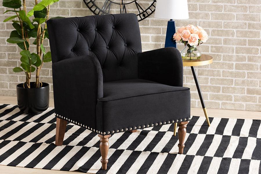 Wholesale Interiors Accent Chairs - Eri Contemporary Glam and Luxe Black Velvet and Walnut Brown Wood Armchair