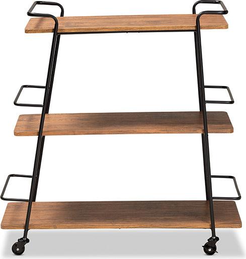 Wholesale Interiors Bar Units & Wine Cabinets - Bernard Rustic Industrial Black Metal and Walnut Finishe Wood 3-Tier Mobile Wine Bar Cart