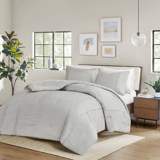 Olliix.com Comforters & Blankets - 3 Piece Striped Seersucker Oversized Comforter Set Gray Full/Queen