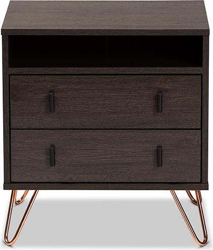Wholesale Interiors Nightstands & Side Tables - Glover Dark Brown Finished Wood and Rose Gold-Tone Finished Metal 2-Drawer Nightstand