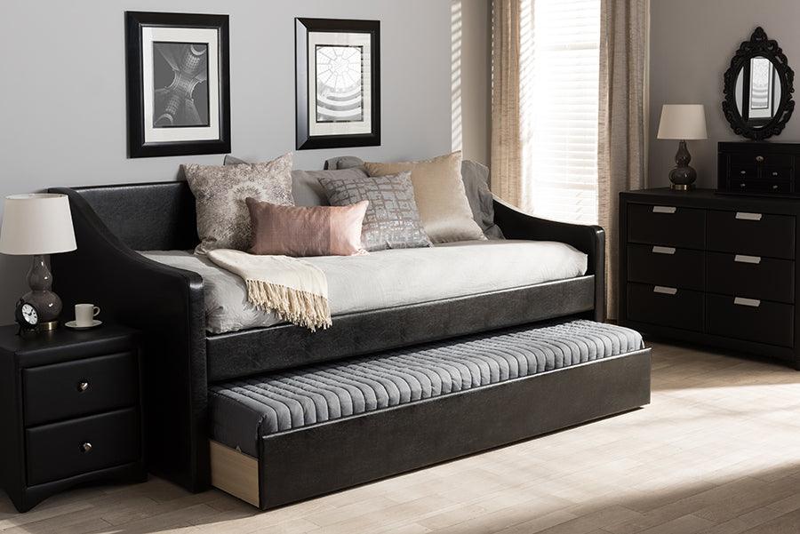 Wholesale Interiors Daybeds - Barnstorm Modern and Contemporary Black Faux Leather Upholstered Daybed with Guest Trundle Bed