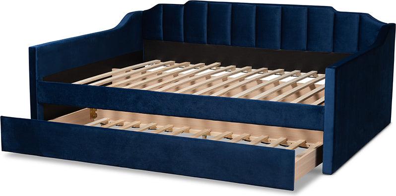 Wholesale Interiors Daybeds - Lennon Modern and Contemporary Navy Blue Velvet Fabric Upholstered Full Size Daybed with Trundle