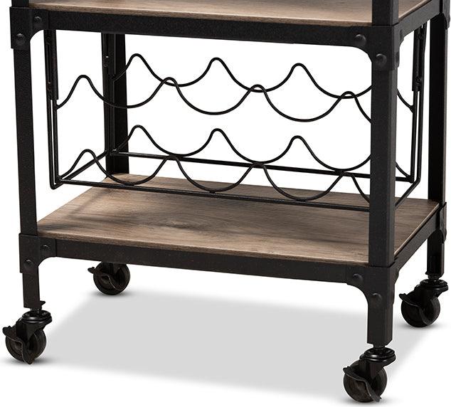 Wholesale Interiors Bar Units & Wine Cabinets - Swanson Antique Black Textured Metal Distressed Oak Finished Wood Mobile Kitchen Bar Wine Cart