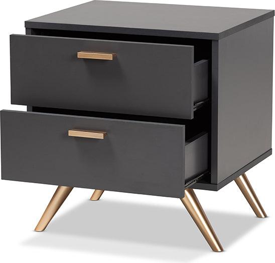 Wholesale Interiors Nightstands & Side Tables - Kelson Dark Grey and Gold Finished Wood 2-Drawer Nightstand