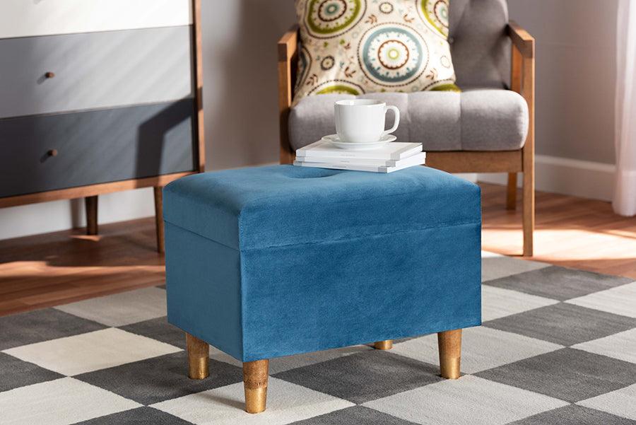 Wholesale Interiors Ottomans & Stools - Elias Sky Blue Velvet Fabric Upholstered and Oak Brown Finished Wood Storage Ottoman