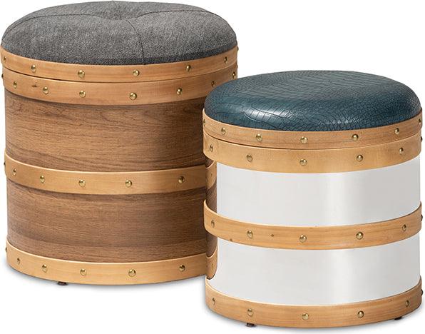 Wholesale Interiors Ottomans & Stools - Caleb Modern Grey Fabric and Blue Faux Leather Wood and Metal Storage Ottoman Set