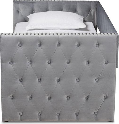 Wholesale Interiors Daybeds - Larkin Grey Velvet Fabric Upholstered Twin Size Daybed with Trundle