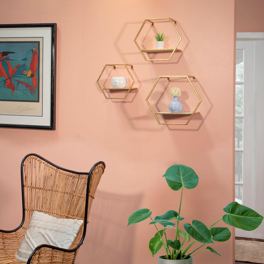 Sagebrook Home Wall Shelves & Ledges - S/3 Metal/Wood Hexagon Wall Shelves, Gold