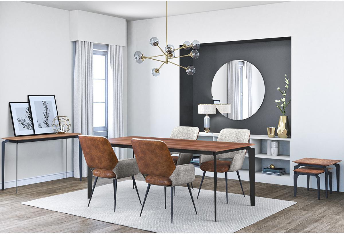 Euro Style Dining Chairs - Desi Armchair in Gray Fabric and Light Brown Leatherette with Black Base