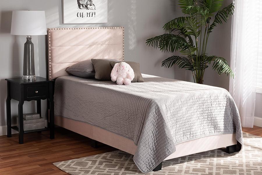 Wholesale Interiors Beds - Tamira Glam Light Pink Velvet Fabric Upholstered Twin Size Panel Bed