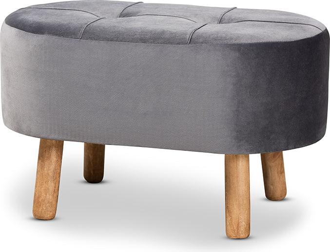 Wholesale Interiors Ottomans & Stools - Simone Mid-Century Modern Grey Velvet Fabric Upholstered Wood Ottoman