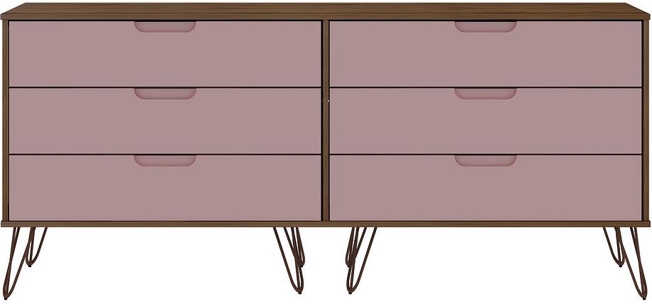 Manhattan Comfort Dressers - Rockefeller 6-Drawer Double Low Dresser with Metal Legs in Native & Rose Pink